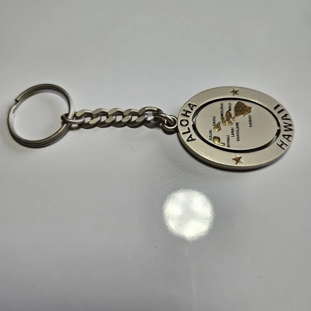 Aloha Hawaii Silver Gold Tone Spinner Souvenir Keychain Key Ring Map of Islands